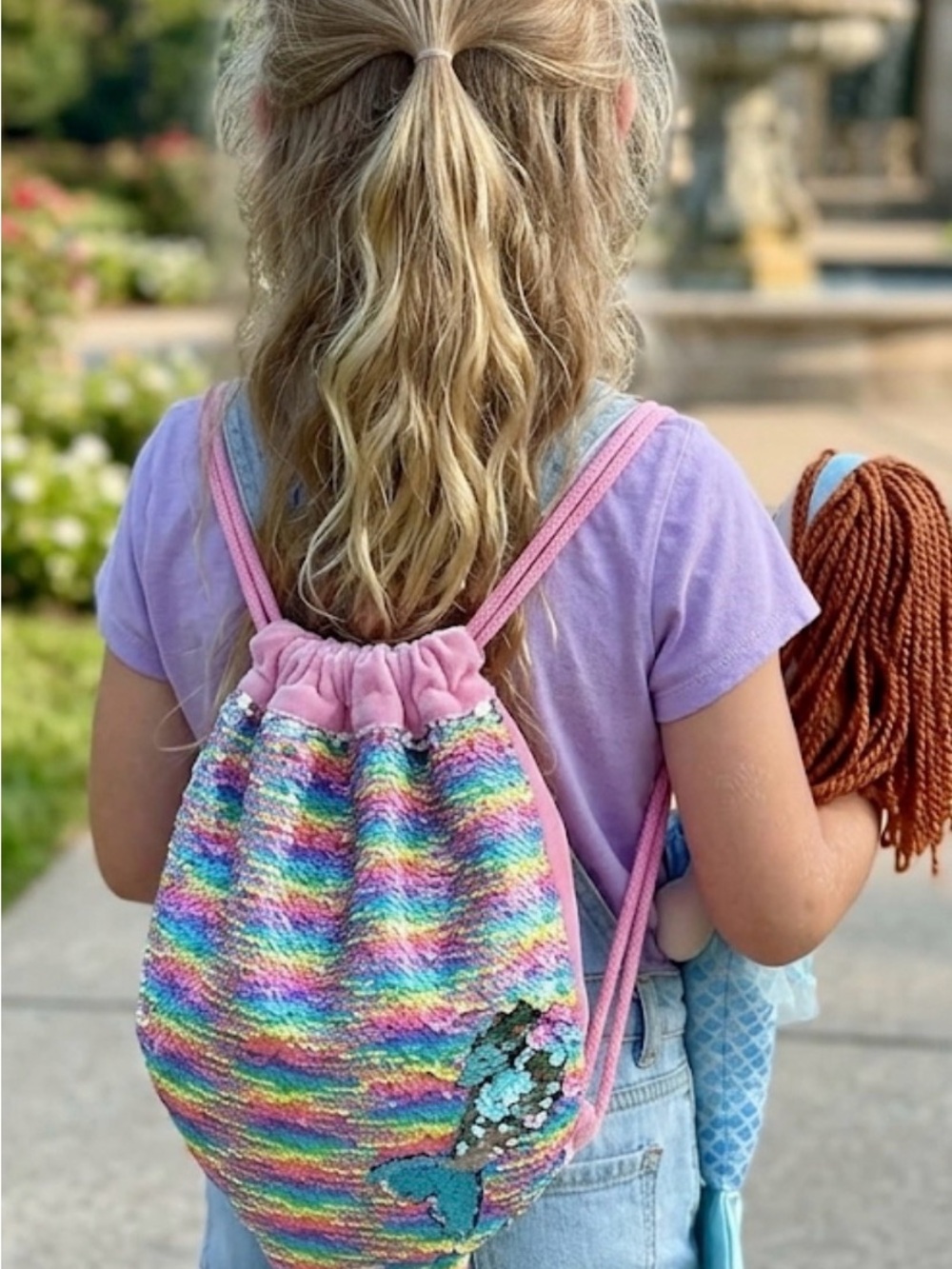 Kids Rainbow Sequin Mermaid Drawstring Backpack and doll included!